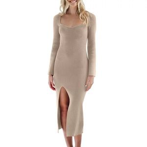 Ribbed Knit Sweetheart Neck Long Sleeve Slit Sweater Midi Dress Size Medium